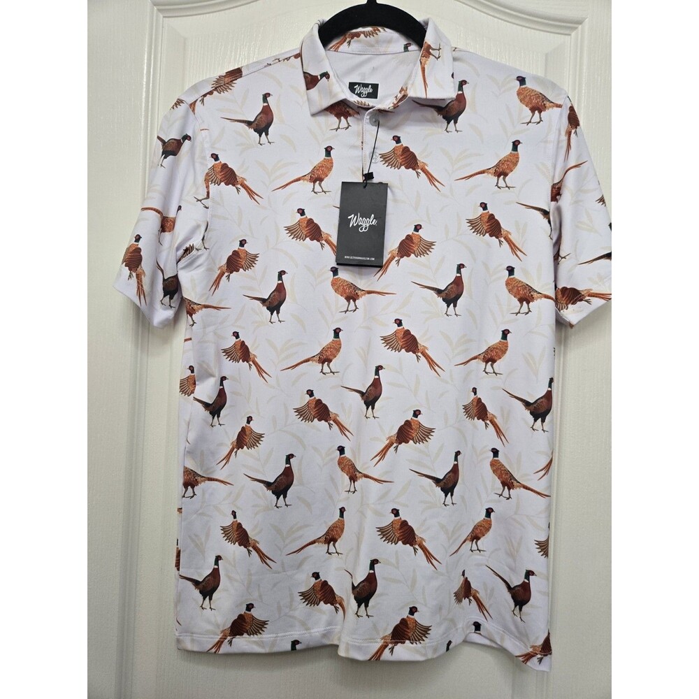 Waggle Youth XL Whote Bird Print Performance Polo Shirt Golf Travel Outdoor NWT